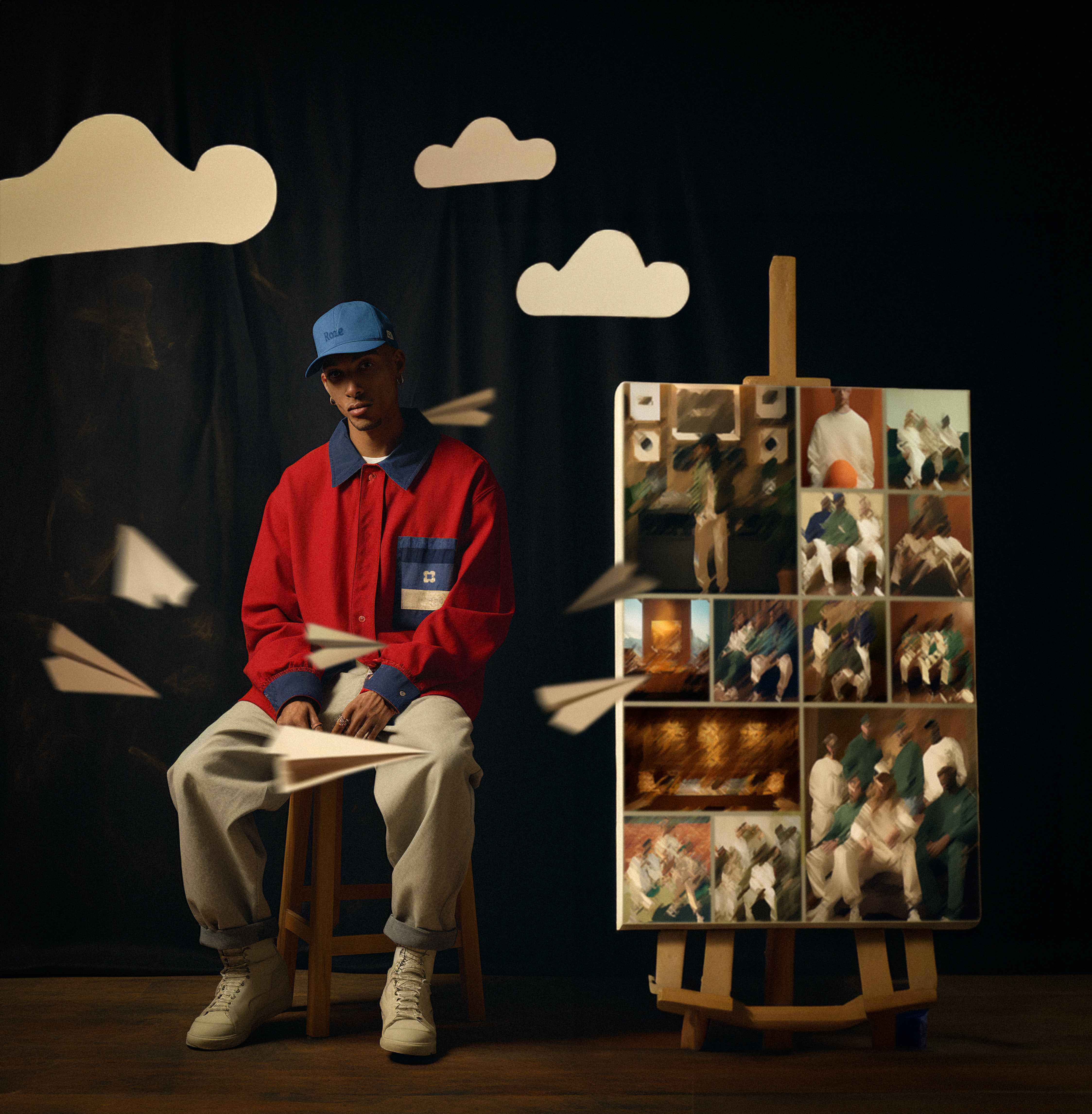 Man sitting on a stool for a painting with paper planes flying around him